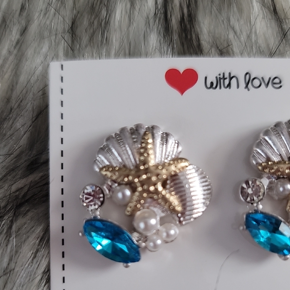 Starfish Shell Earrings with Blue and Gold Accents - Picture 3 of 5